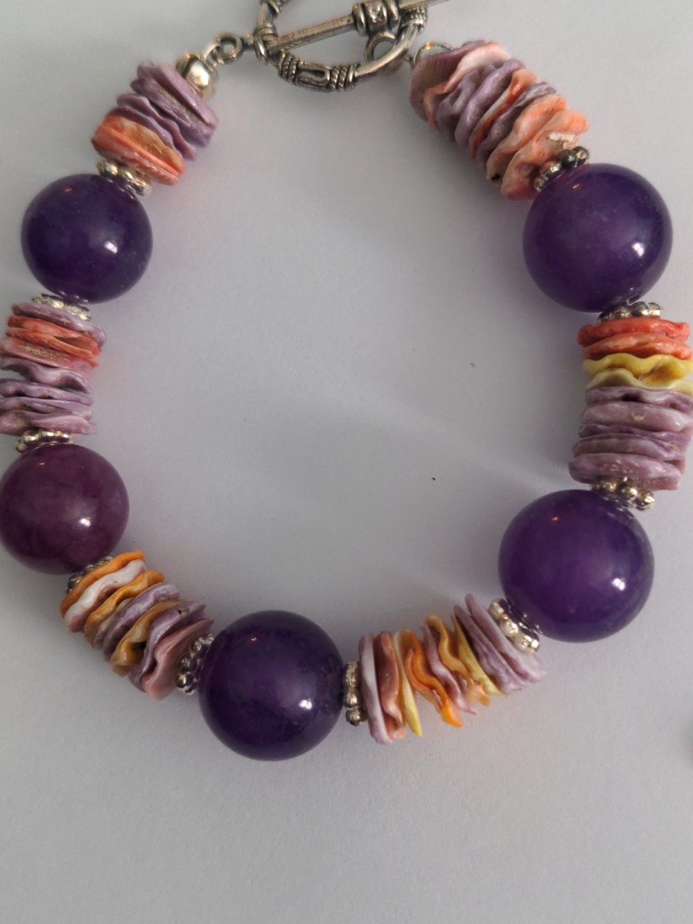 Purple Amethyst Bead & Multicolor Spiny Oyster Shell Stack Bracelet, New, Silver